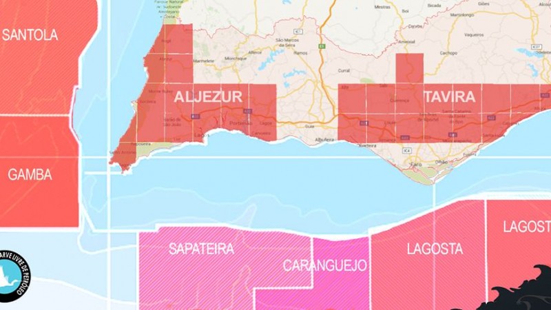 Zonas marítimas e terrestres para prospeção de petróleo no sul de Portugal.