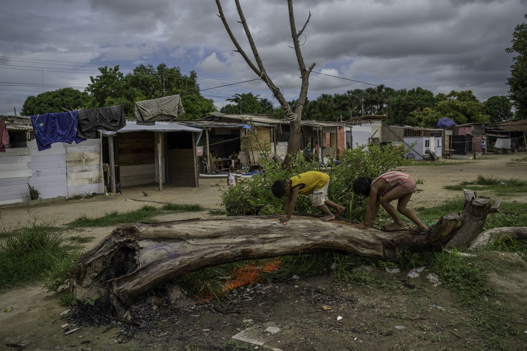 Dans le quartier de Ka´Ubanoko, des enfants jouent sur un tronc d'arbre mort. Derrière eux, des fils à linge et des logements de fortune.